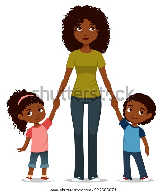 2人の子どもを持つアフリカ系アメリカ人の母親を描いたかわいい漫画のイラスト のベクター画像素材 ロイヤリティフリー