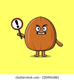 Cute cartoon illustration almond nut with exclamation sign board illustration