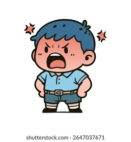 Cute cartoon illustration of an angry boy yelling with clenched fists and steam coming from his head, evoking intense emotions.