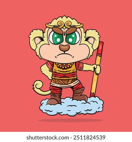 Cute Cartoon Illustration of Angry Monkey King Sun Wukong riding a cloud. Monkey king vector illustration.