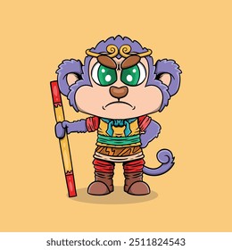 Cute Cartoon Illustration of Angry Monkey King Sun Wukong. Monkey king vector illustration.