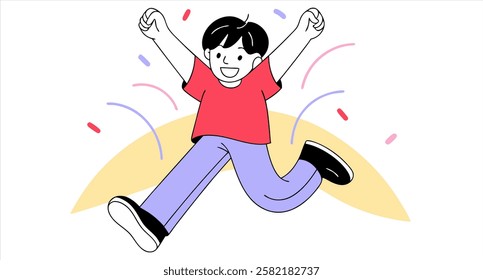 cute cartoon illustration of Asian boy wearing red T-shirt and purple pants jumping with joy in air