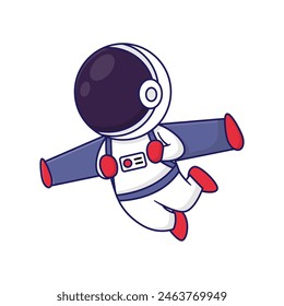 Cute cartoon illustration of astronaut with jetpack, flying with jetpack.