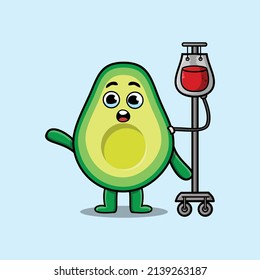 Cute cartoon illustration of avocado having blood transfusion with cute modern style deign