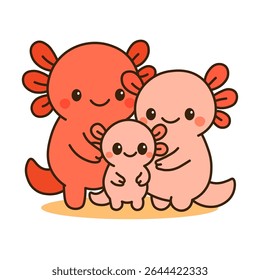 Cute cartoon illustration of an axolotl family with two parents and a baby. Adorable aquatic characters showing love and unity. Perfect for family, parenting, or underwater animal themes.