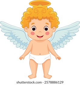 A cute cartoon illustration of a baby angel with curly blonde hair, small white wings, a golden halo above its head, and wearing only a diaper. The angel has a cheerful and innocent expression, symbol