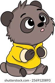 A cute cartoon illustration of a baby bear with large expressive eyes, wearing a bright yellow hoodie and sitting in a curious pose