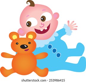 A cute cartoon illustration of a baby boy dressed in blue cuddling an orange teddy bear