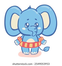 A cute cartoon illustration of a baby elephant wearing a swim float and smiling