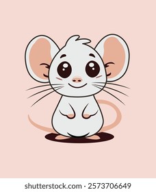 Cute cartoon illustration of a baby mouse with big ears and expressive eyes on a pastel pink background. Ideal for children’s products, stickers, or stationery