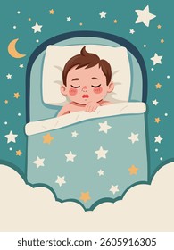 Cute cartoon illustration of a baby sleeping peacefully in bed under a night sky filled with stars and moon. Perfect for children's designs, posters, or bedtime materials.