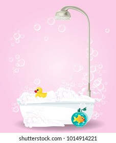 Cute cartoon illustration of bathtub full of foam, soap bubbles, bottle of shampoo, rubber duck isolated on pink  background. Comfortable  bathroom equipment  for relaxing. Vector bathroom clip art.