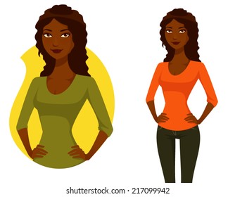 cute cartoon illustration of a beautiful African American woman with curly hair