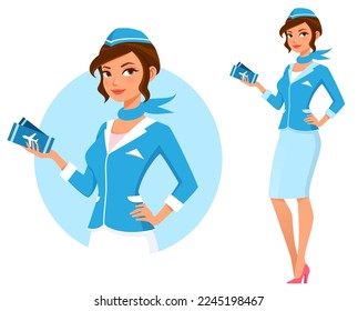 cute cartoon illustration of a beautiful air hostess. Attractive flight attendant in blue uniform, holding plane tickets. Isolated on white.