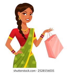 cute cartoon illustration of a beautiful Indian woman wearing colorful traditional saree and jewels, shopping. Isolated on white.