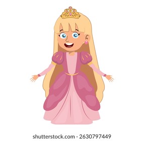 Cute cartoon illustration of a beautiful little princess wearing a pink dress , ideal for children's books, party invitations, and fairy tale designs.