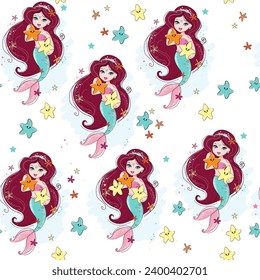 Cute cartoon illustration with beautiful mermaid and starfish on a white background seamless pattern. T-shirt art, pajamas print for kids