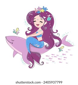 Cute cartoon illustration with beautiful mermaid and lilac whale on a white background. T-shirt art, pajamas print