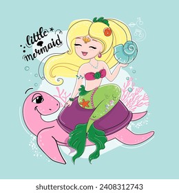 Cute Cartoon-Illustration mit wunderschöner Meerjungfrau, Schildkröte und einem kleinen Meerjungfrau auf weißem Hintergrund. T-Shirt-Kunst, Pyjamas-Druck