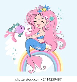 Cute cartoon illustration with beautiful mermaid and rainbow. T-shirt art, pajamas print for kids. summer time