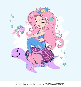 Cute cartoon illustration with beautiful mermaid and turtle. T-shirt art, pajamas print for kids