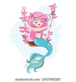 Cute cartoon illustration with beautiful mermaid. T-shirt art, pajamas print for kids