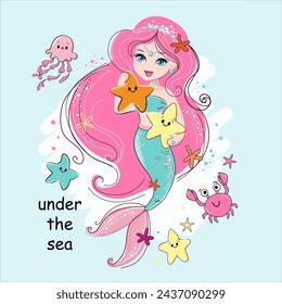 Ilustración de dibujos animados lindo con hermosa sirena y estrella de mar en un fondo azul. Concepto de verano bajo el mar. Arte de la camiseta, impresión del pijama para los niños