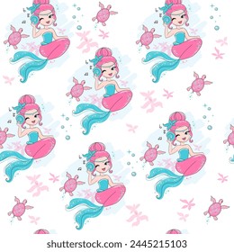 Cute cartoon illustration with beautiful mermaid and turtle on a white background seamless pattern. T-shirt art, pajamas print