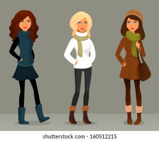 cute cartoon illustration of beautiful teenage girls in winter fashion clothes