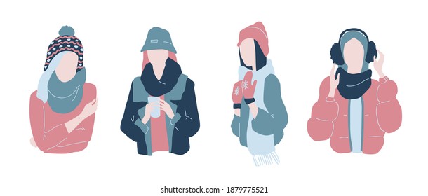 Cute cartoon illustration of beautiful teenage girls in winter fashion clothes. Set of characters in warm winter clothes. Faceless characters. Vector.