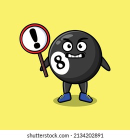 Cute cartoon illustration billiard ball with exclamation sign board