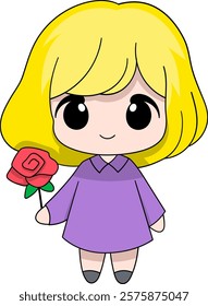 A cute cartoon illustration of a blonde haired girl in a purple dress, holding a red rose, symbolizing love and joy