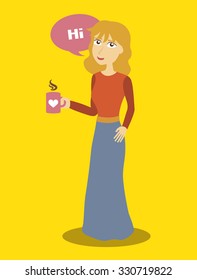 Cute cartoon illustration of a blonde young lady holding a mug
