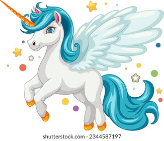 A cute cartoon illustration of a blue unicorn surrounded by stars.