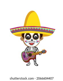 Cute cartoon illustration of a boy dressed up in Day of the Dead costume