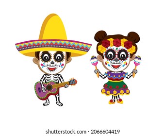 Cute cartoon illustration of a boy and a girl dressed up in Day of the Dead costume