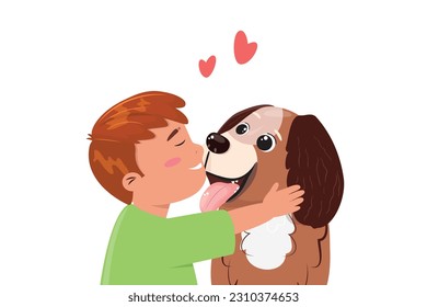 Cute cartoon illustration with a boy hugging his friend dog. Friendship, care, love between human and pet concept illustration. 
