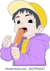 A cute cartoon illustration of a boy in a purple hoodie and yellow cap, happily eating a corn dog