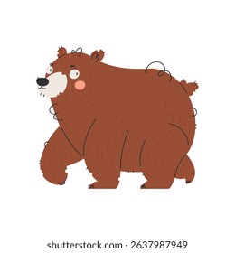 A cute cartoon illustration of a brown bear walking. The bear has a light beige snout and belly, pink cheeks, and a brown fur coat. Vector graphic animal character.