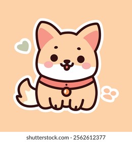 A cute cartoon illustration of a brown dog wearing a blue bow, set against a colorful background with hearts and flowers. Ideal for pet-themed designs and children's illustrations.