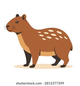 A cute cartoon illustration of a brown paca rodent with white spots on its back standing in profile