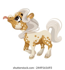 A cute cartoon illustration of a brown and white pony with whimsical swirls, vector illustration on a plain background, concept of fantasy animals. Vector illustration