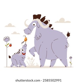 Cute cartoon illustration of a buffalo parent and baby interacting with a small bird. Whimsical nature scene with flowers and clouds. Cartoon Buffalo Family with Baby and Bird