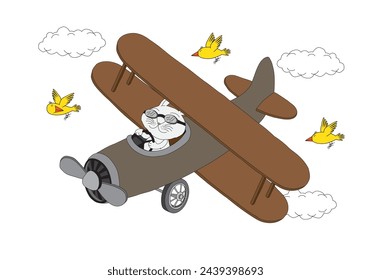 Cute cartoon illustration of a bunny in an airplane