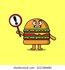 Cute cartoon illustration Burger with exclamation sign board in flat modern style design
