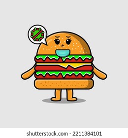 Cute cartoon illustration Burger using mask to prevent virus in cute modern style design