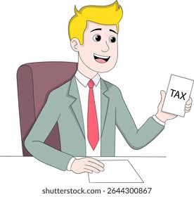 Cute cartoon illustration of a businessman in a suit and red tie sitting at a desk, holding a paper labeled TAX