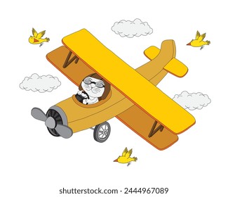 Cute cartoon illustration of a cat in an airplane