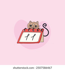 cute cartoon illustration of a cat holding a calendar with the number 11