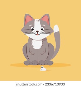 Cute cartoon illustration of a cat looking down at the mouse walking by. Vector illustration

